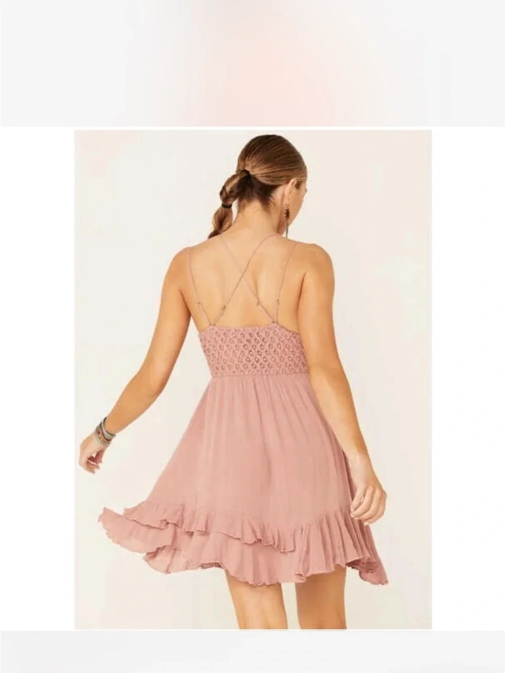 Free People One Dusty Rose Lace Slip Dress Boho Mini S Crochet Babydoll Festival - Picture 2 of 12